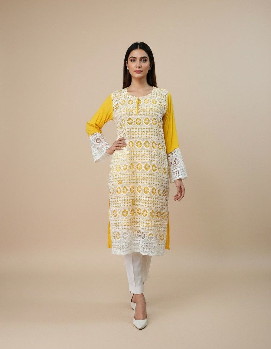 Yellow Embroidered Kurta with Culottes Set - Image 2