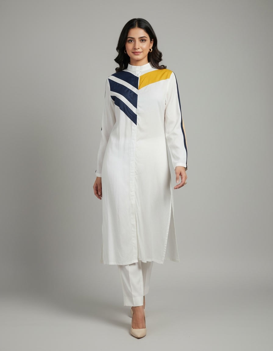 Cross Stitch White Colorblock Kurta - Image 2