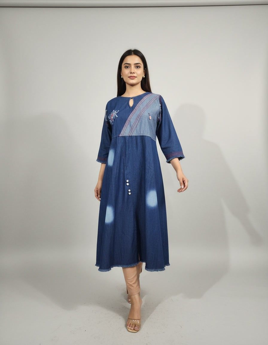 Navy Blue Denim Midi Dress