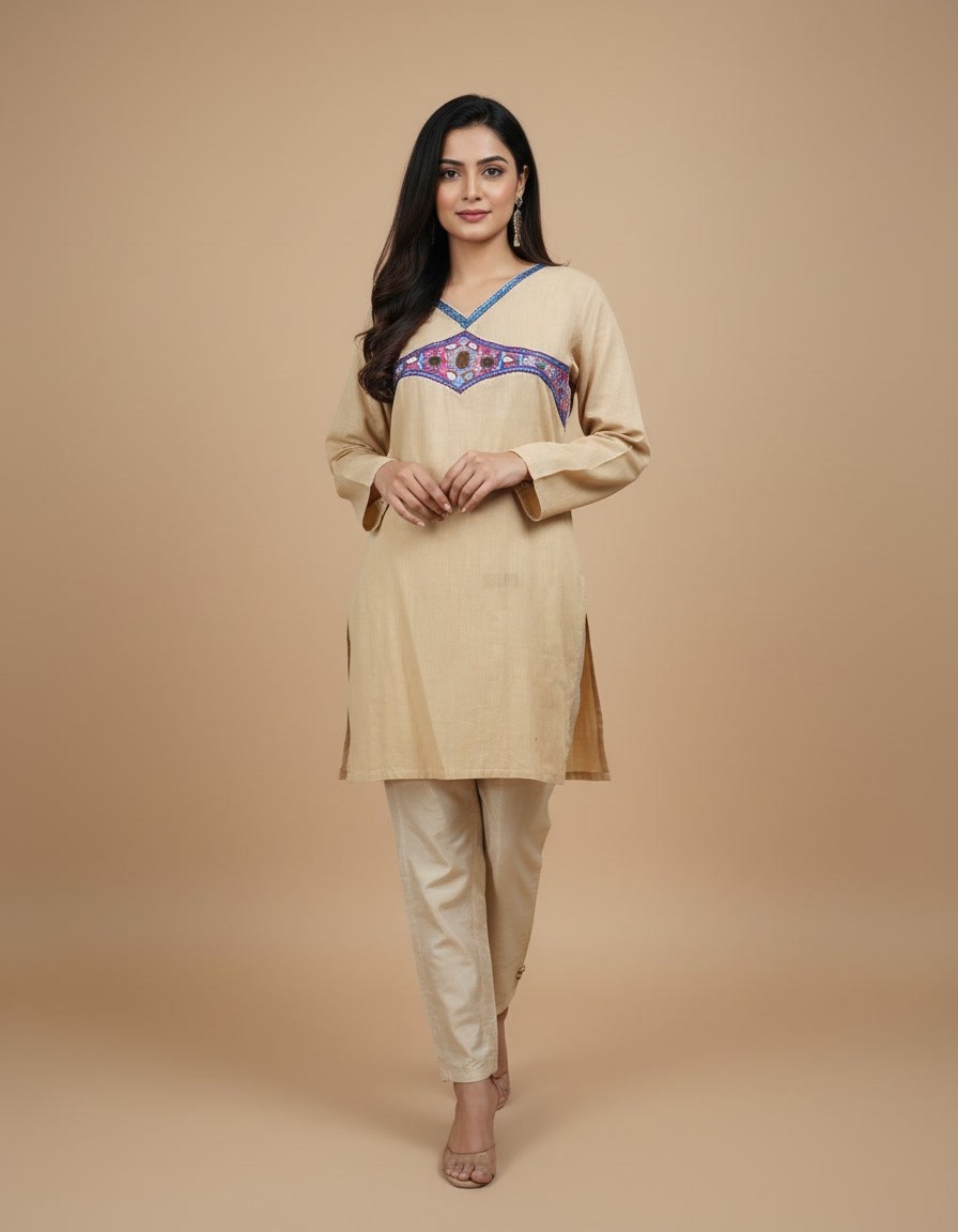Beige Embroidered Kurta with Floral Neckline - Image 2
