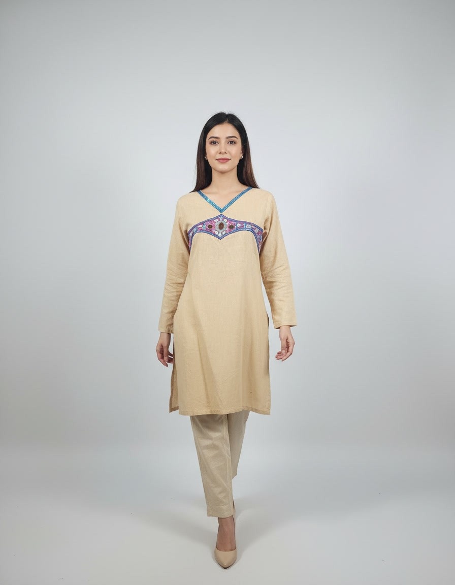 Beige Embroidered Kurta with Floral Neckline