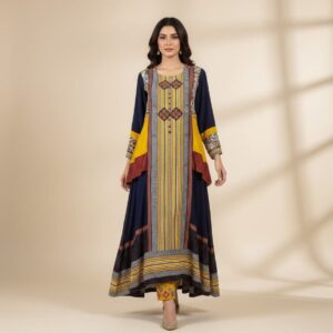 Navy Blue Printed Suit with Yellow Geometric Panels