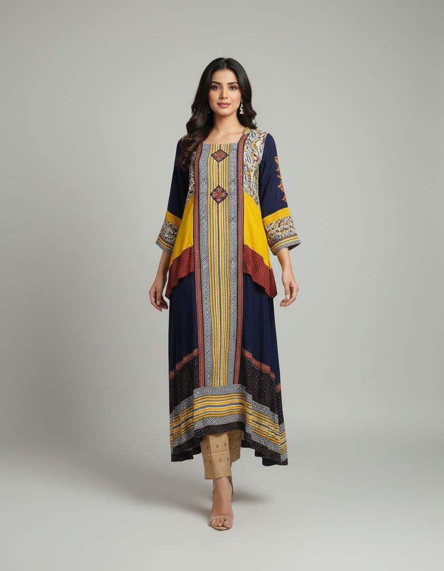 Navy Blue Printed Suit with Yellow Geometric Panels - Image 2