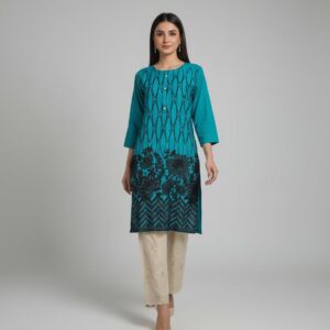 Teal Embroidered Floral Kurta
