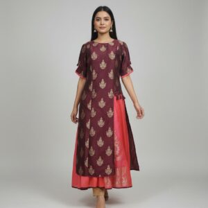 Maroon & Pink Foil Printed Kurta