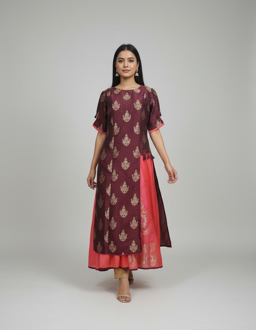 Maroon & Pink Foil Printed Kurta