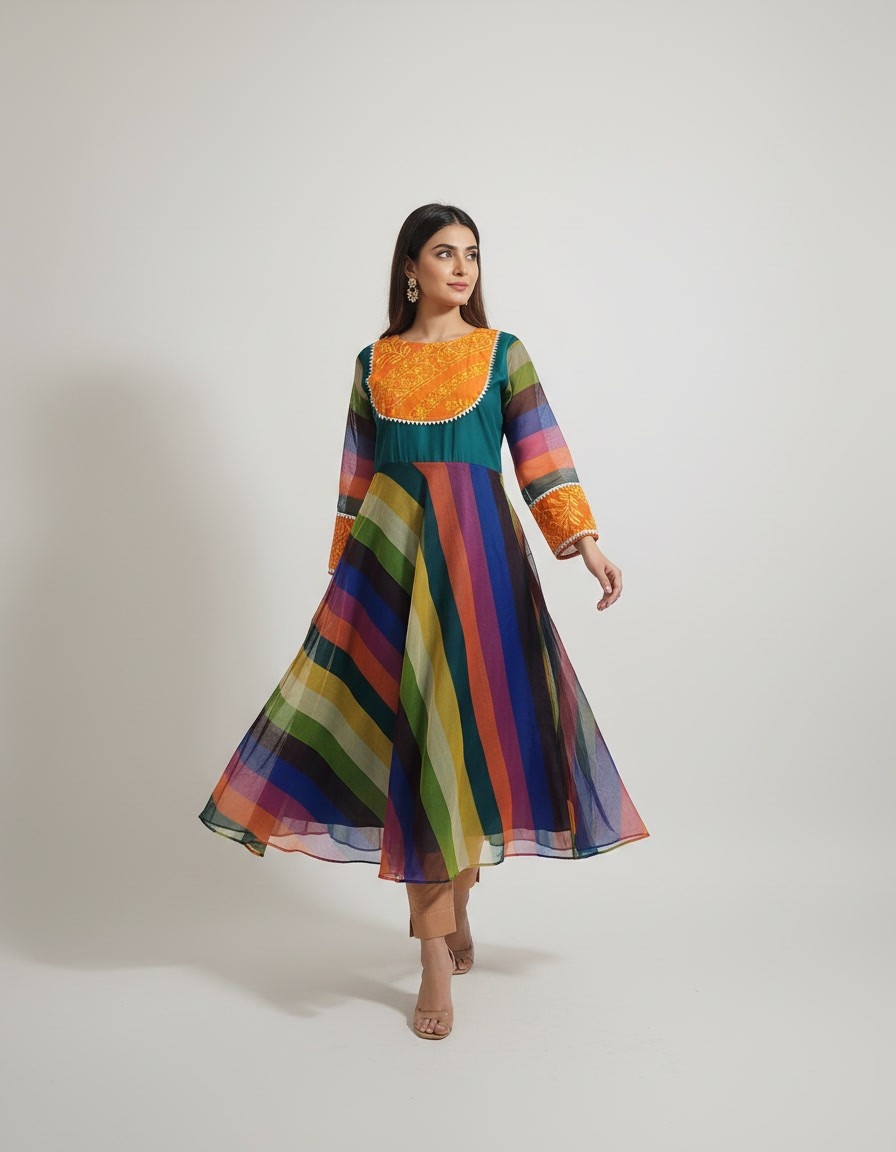 Mustard Frock with Colorful Stripes - Image 2
