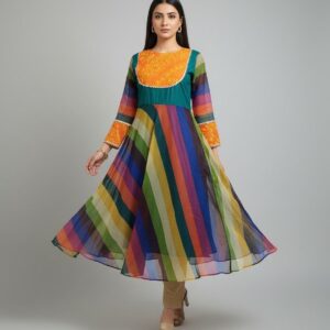 Mustard Frock with Colorful Stripes