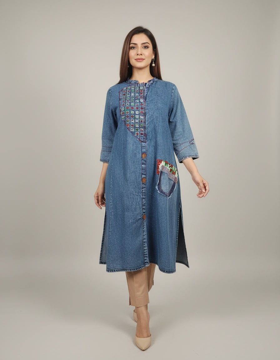 Denim Embroidered Kurta