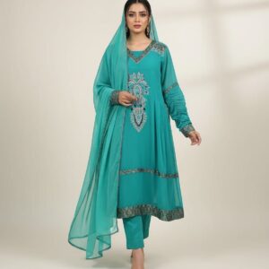 Turquoise Blue Embroidered Straight Kurta Set