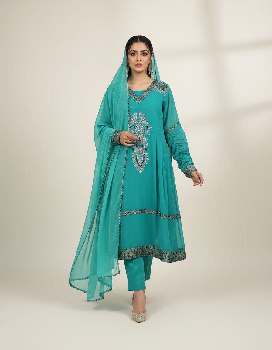 Turquoise Blue Embroidered Straight Kurta Set