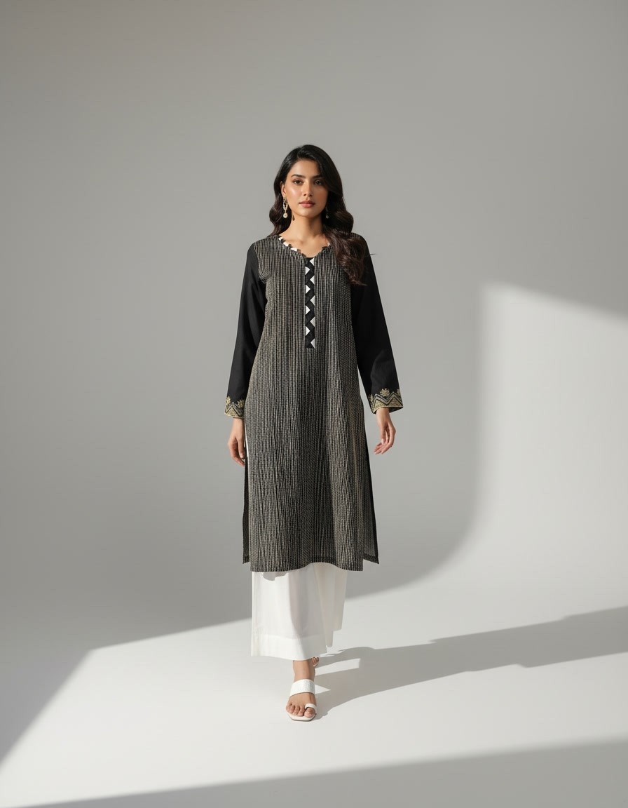 Black Geometric Print V-Neck Kurta - Image 4