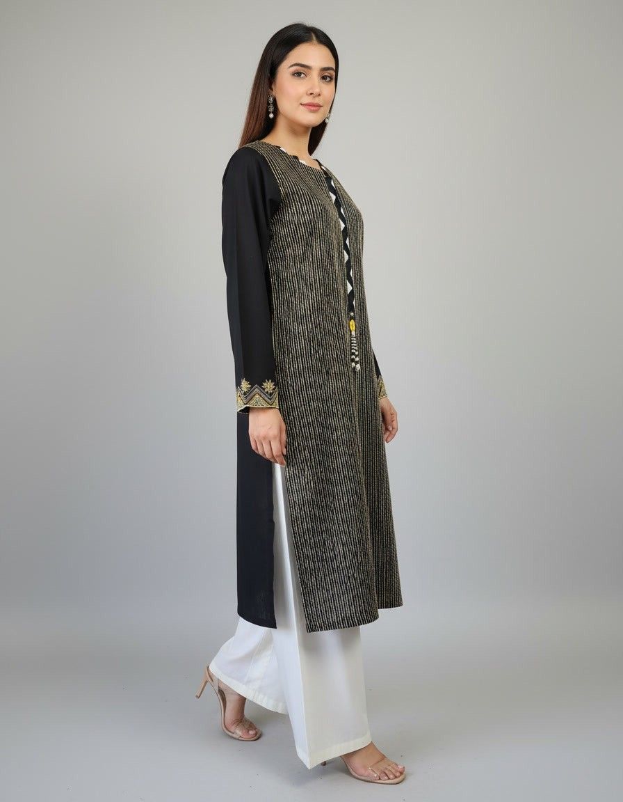 Black Geometric Print V-Neck Kurta - Image 2