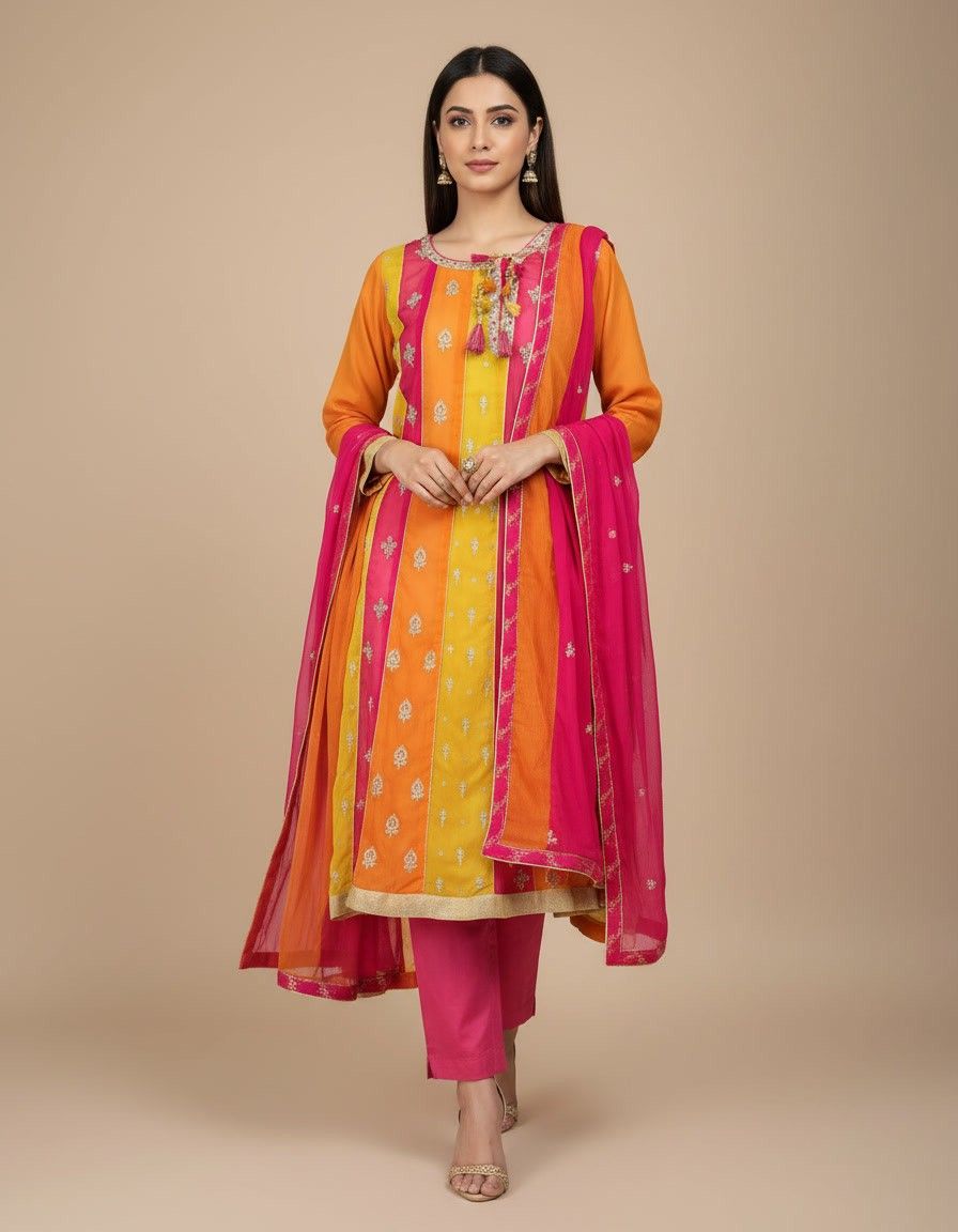 Pink & Yellow Gota Detail A-Line Kurta - Image 4