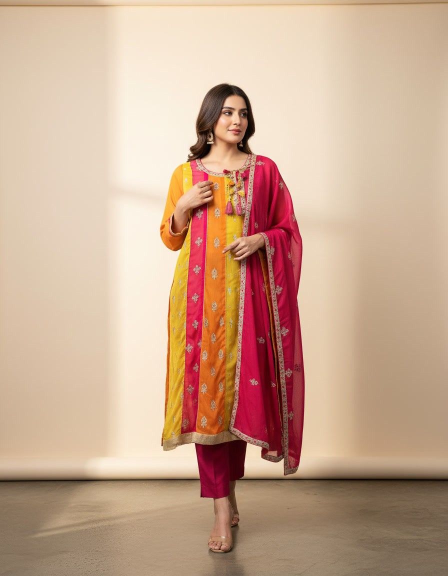 Pink & Yellow Gota Detail A-Line Kurta - Image 3