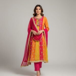Pink & Yellow Gota Detail A-Line Kurta