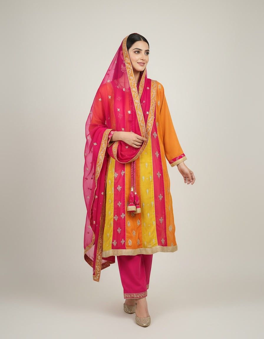 Pink & Yellow Gota Detail A-Line Kurta - Image 2