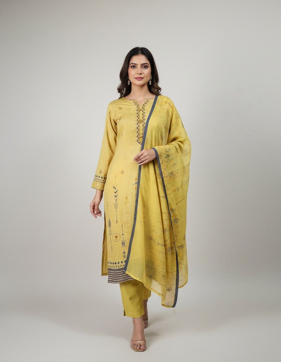 Yellow Digital Printed Embroidered Ethnic Suit - Image 4
