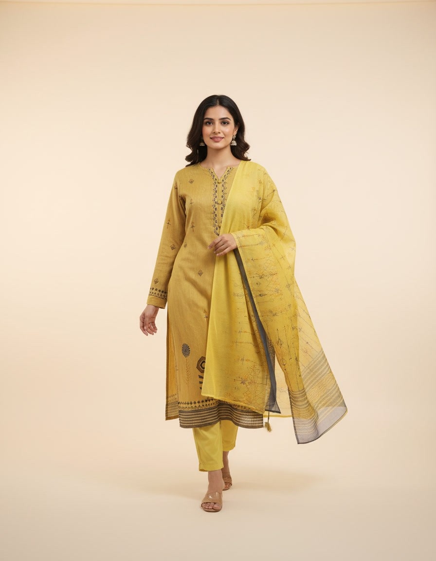 Yellow Digital Printed Embroidered Ethnic Suit - Image 3