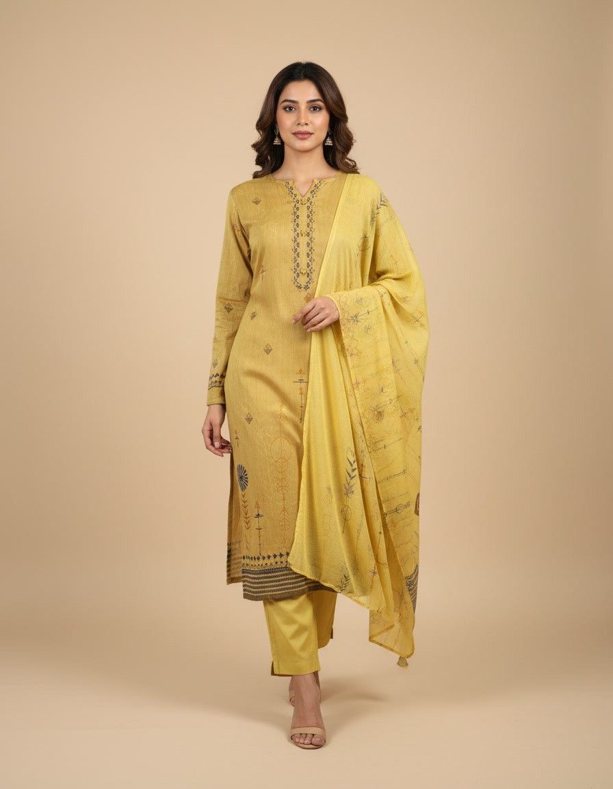 Yellow Digital Printed Embroidered Ethnic Suit - Image 2