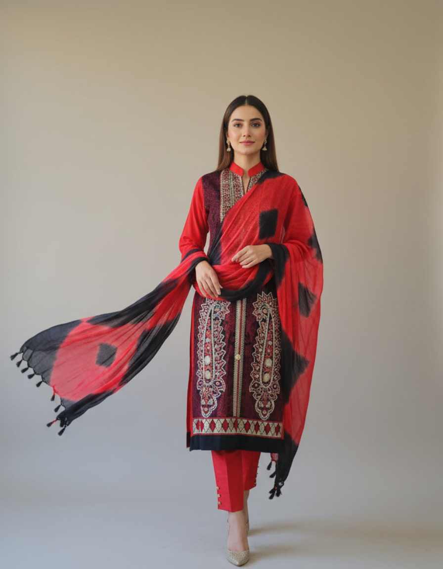 Red & Black Printed Embroidered Suit