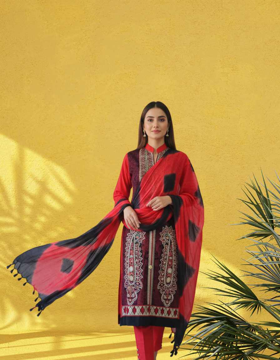 Red & Black Printed Embroidered Suit - Image 2