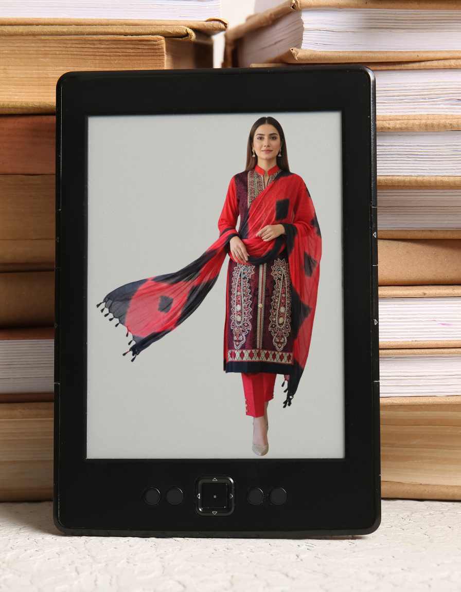 Red & Black Printed Embroidered Suit - Image 4