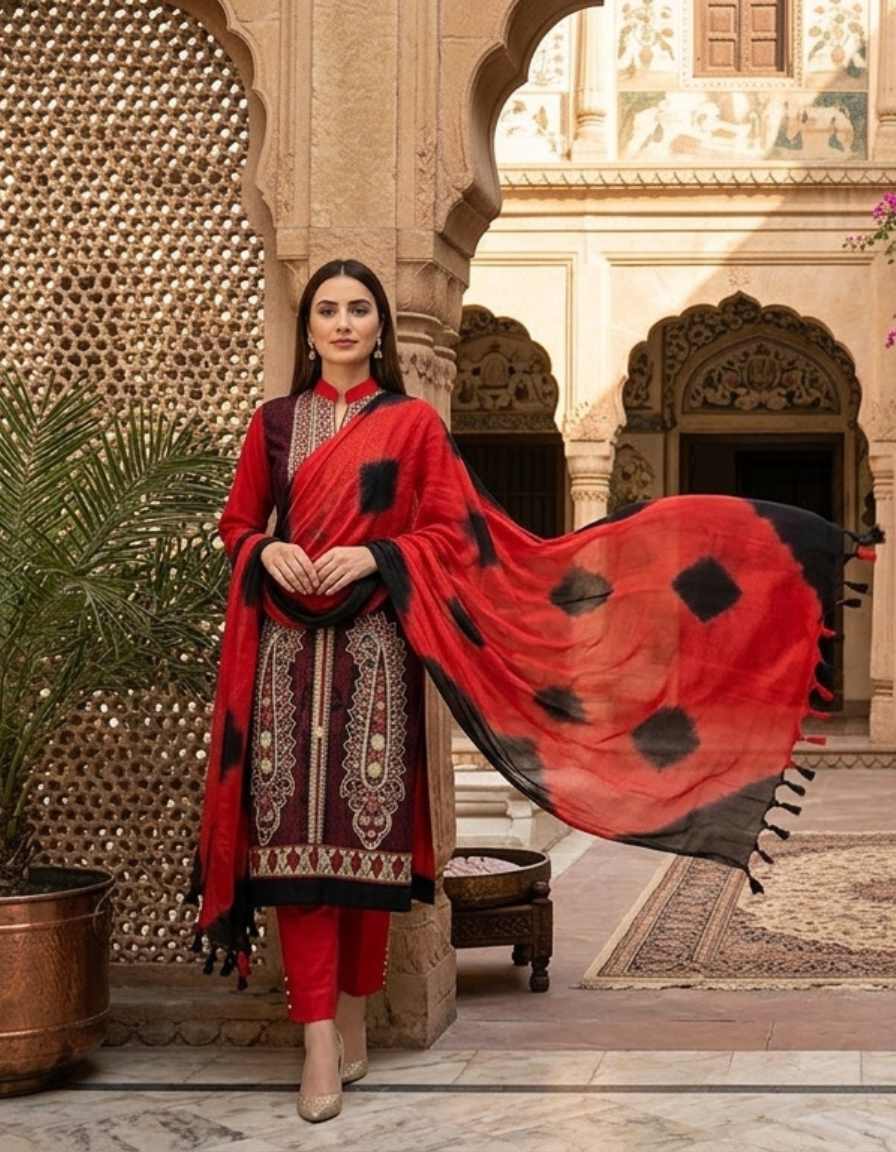 Red & Black Printed Embroidered Suit - Image 3