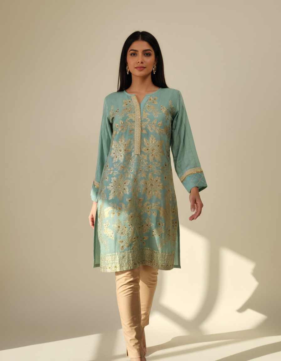 Sky Blue Gold Paste Printed Suit - Image 4