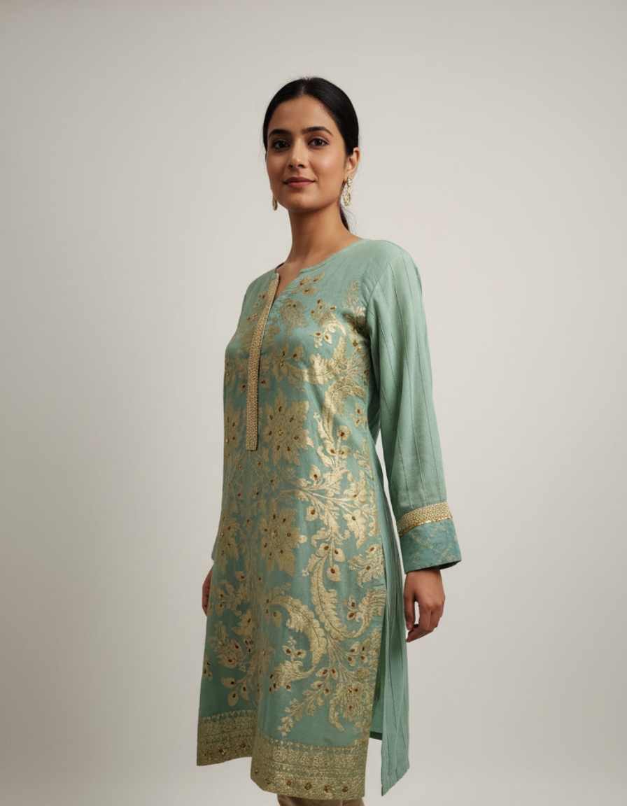 Sky Blue Gold Paste Printed Suit - Image 3