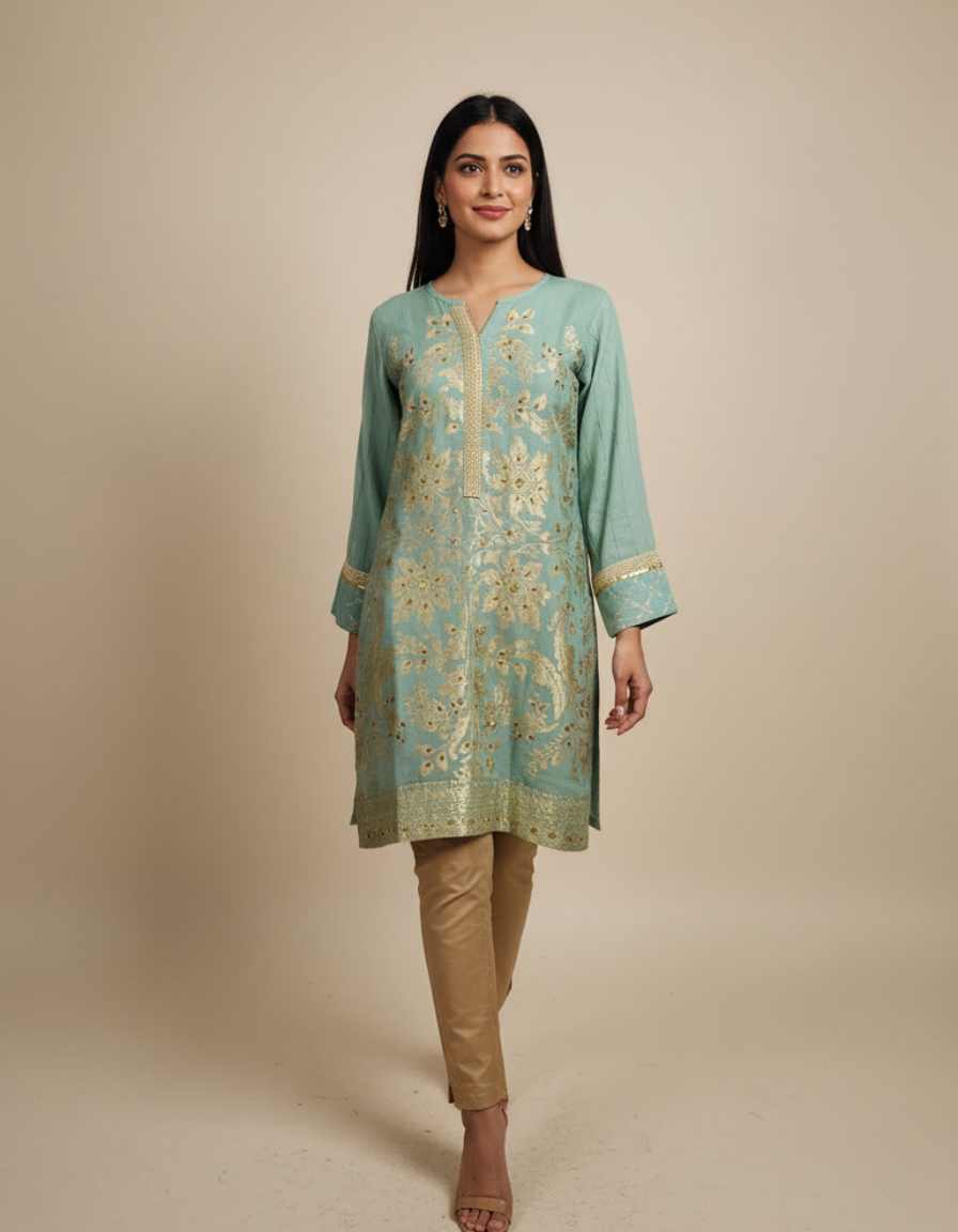 Sky Blue Gold Paste Printed Suit - Image 2