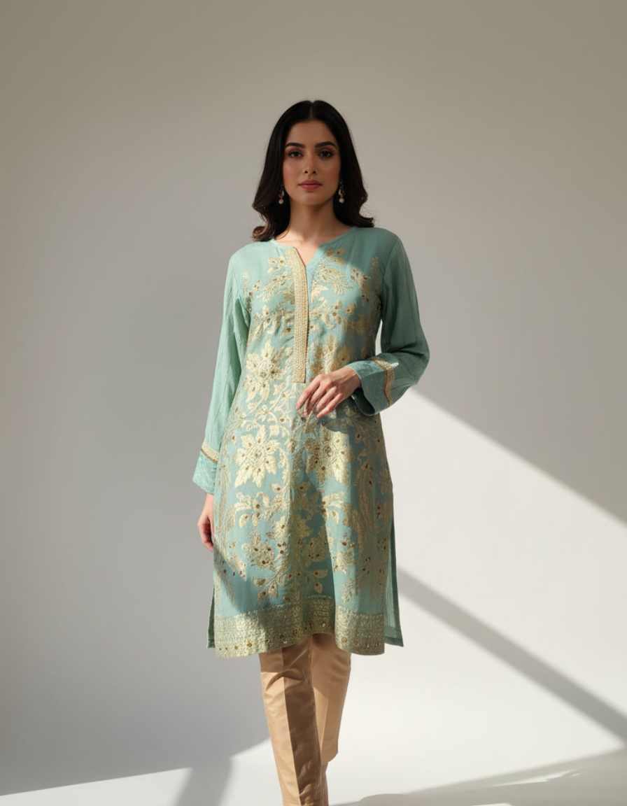 Sky Blue Gold Paste Printed Suit