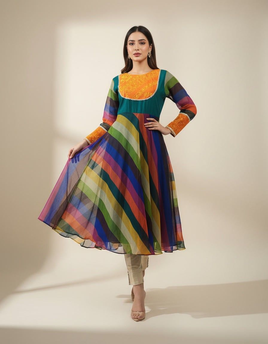 Mustard Frock with Colorful Stripes - Image 3